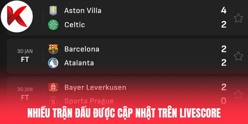 Nhiều trận đấu được cập nhật trên Livescore